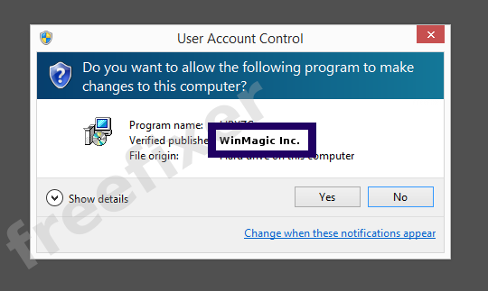 Screenshot where WinMagic Inc. appears as the verified publisher in the UAC dialog